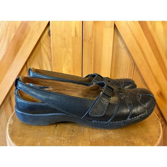 CLARKS Unstructured Strappy Leather Loafers Mary Janes - Black 9.5 - Picture 1 of 8
